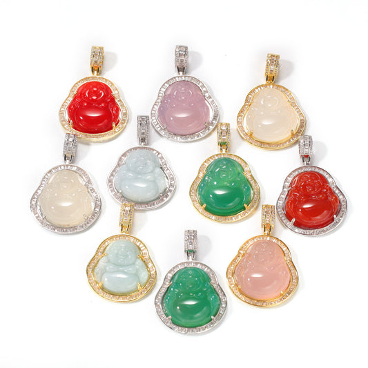 collier pendentif bouddha en jade vert diamant baguette en laiton