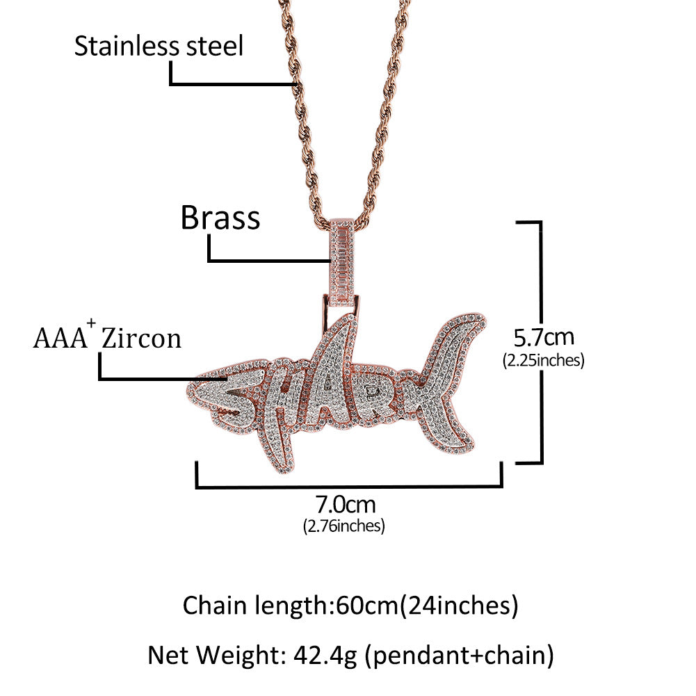 Breloques pendentifs en forme de lettre requin en zircone cubique 3D glacées