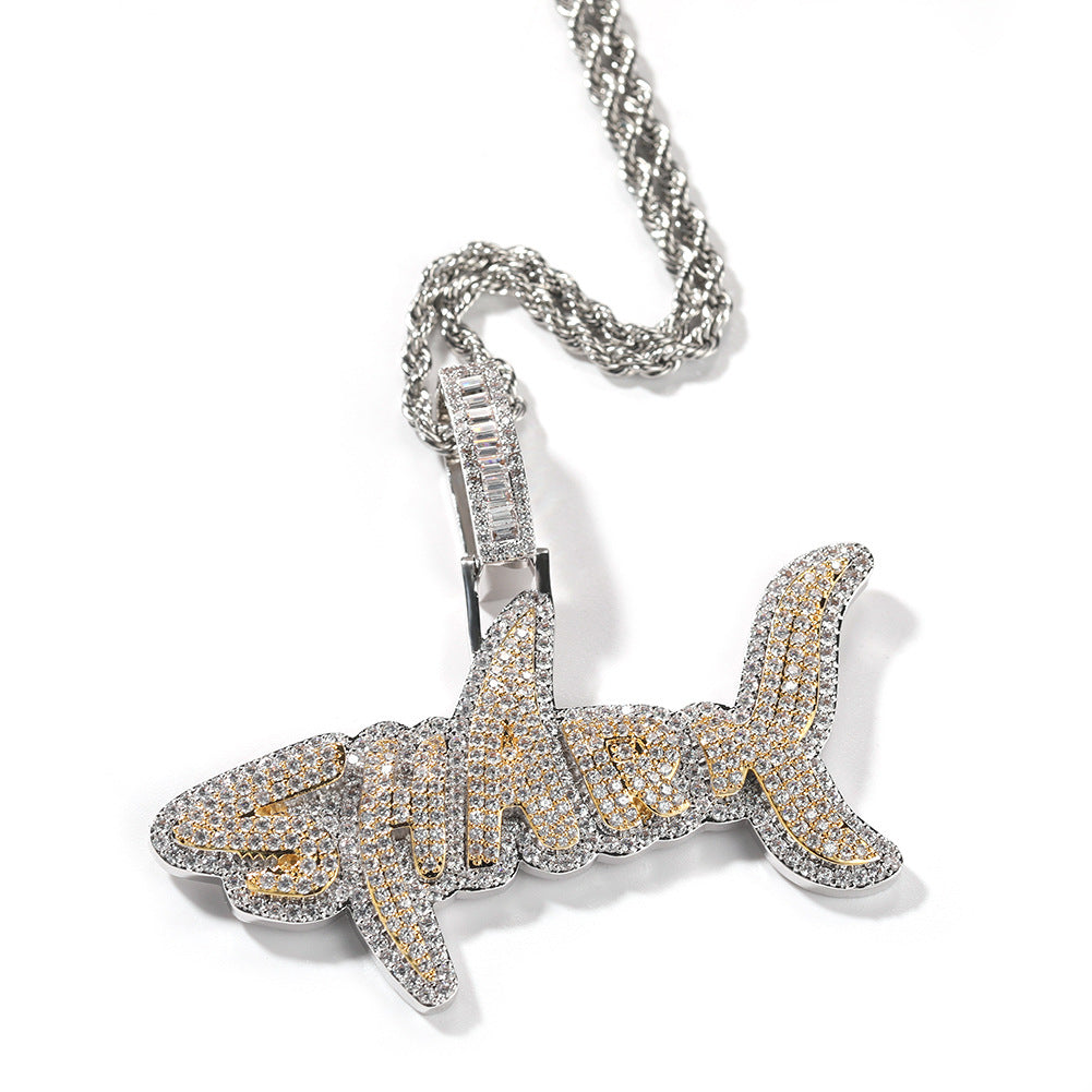 Breloques pendentifs en forme de lettre requin en zircone cubique 3D glacées