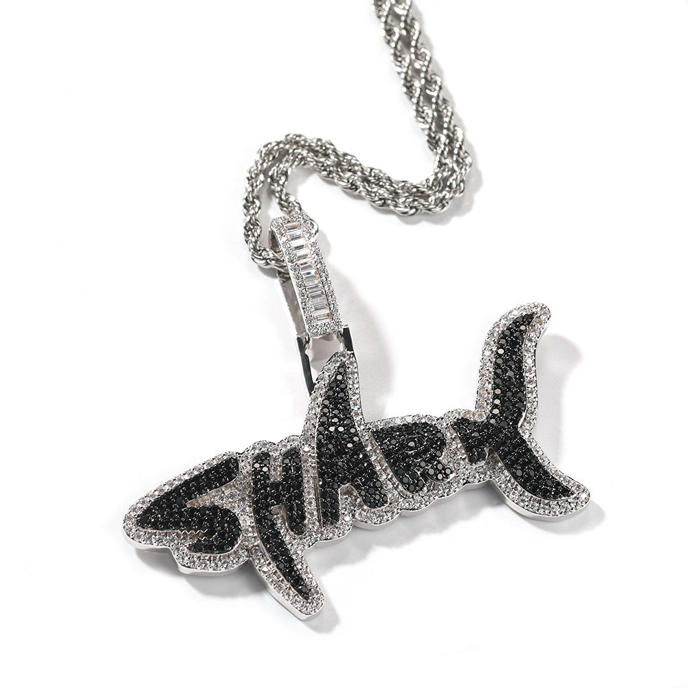 Breloques pendentifs en forme de lettre requin en zircone cubique 3D glacées