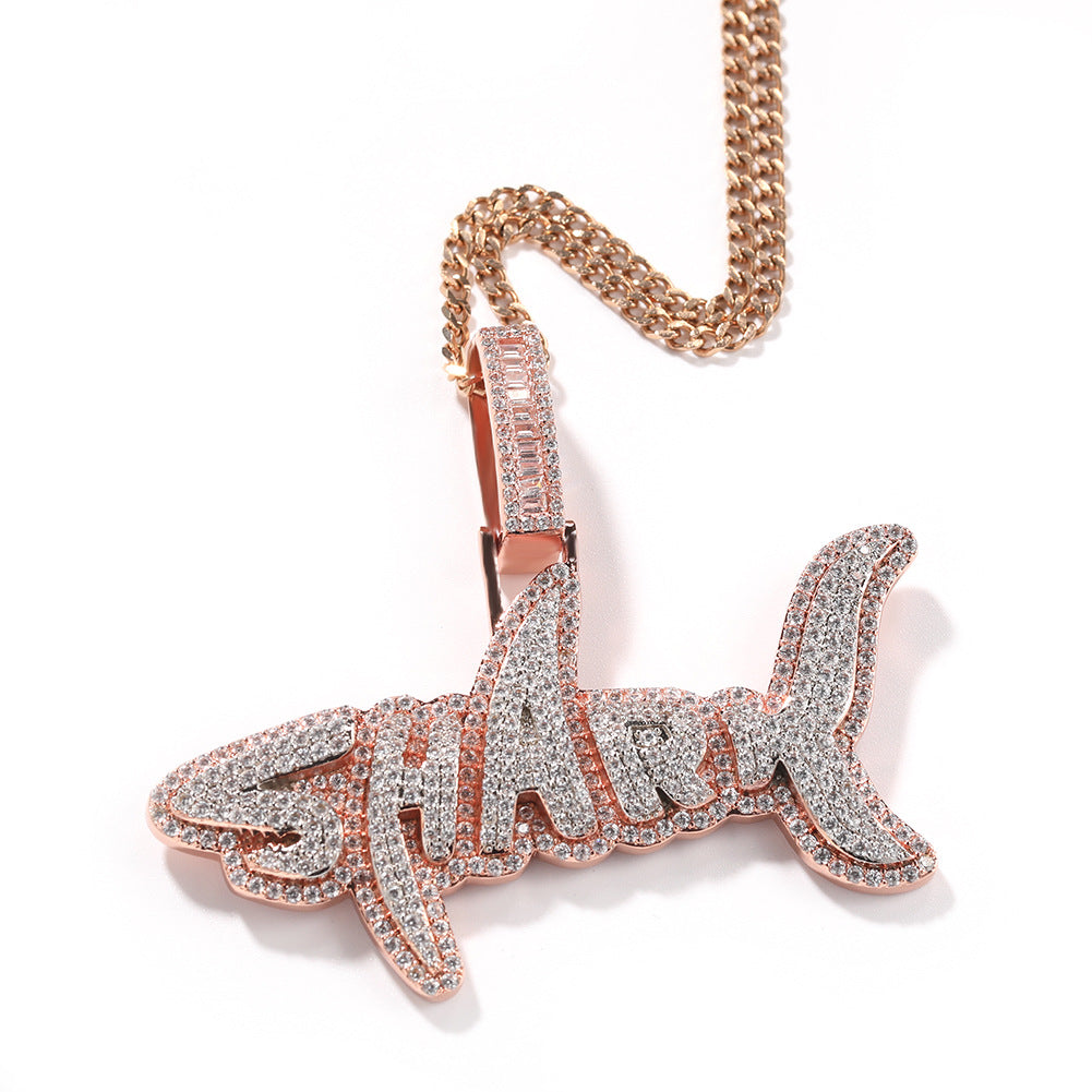 Breloques pendentifs en forme de lettre requin en zircone cubique 3D glacées