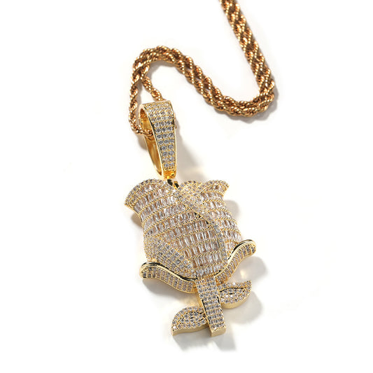 Pendentif Charm Fleur Rose Diamant Baguette