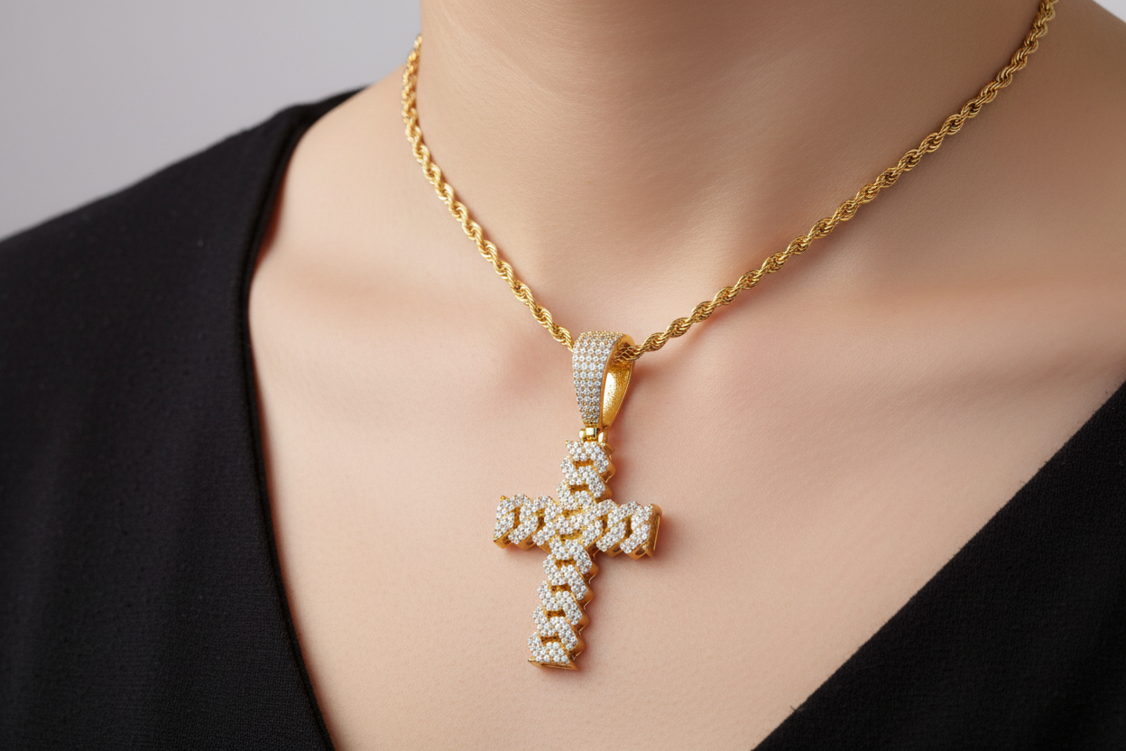 Pendentif croix cubaine en argent véritable et moissanite
