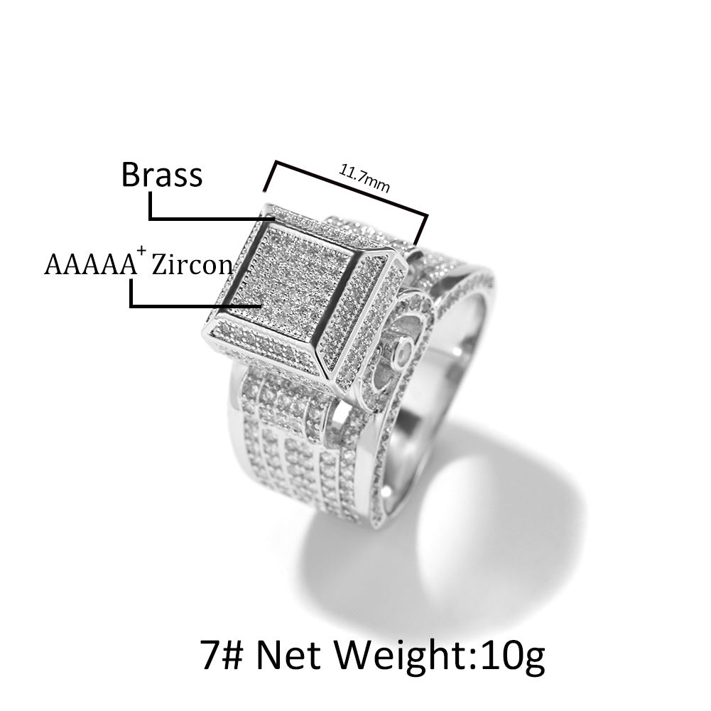 Bague de fiançailles chevalière en laiton plaqué or 18 carats avec zircons cubiques carrés et diamants