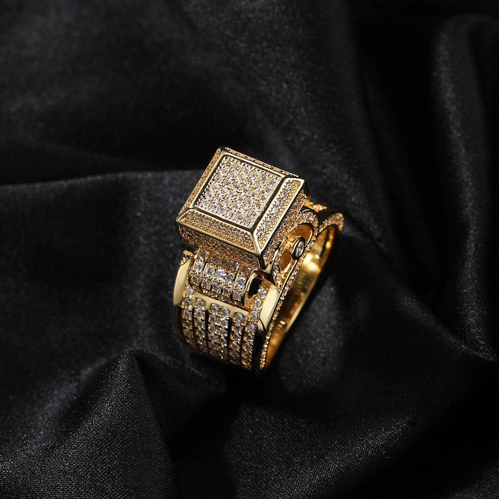 Bague de fiançailles chevalière en laiton plaqué or 18 carats avec zircons cubiques carrés et diamants