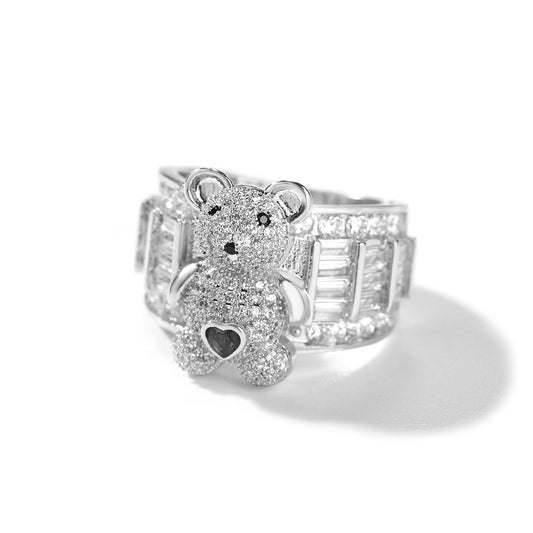 Bague en or 18 carats avec index de promesse réglable et diamants, sertie de zircons cubiques et d'un adorable ours en peluche