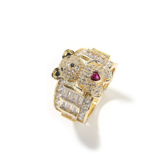 Bague en or 18 carats avec index de promesse réglable et diamants, sertie de zircons cubiques et d'un adorable ours en peluche