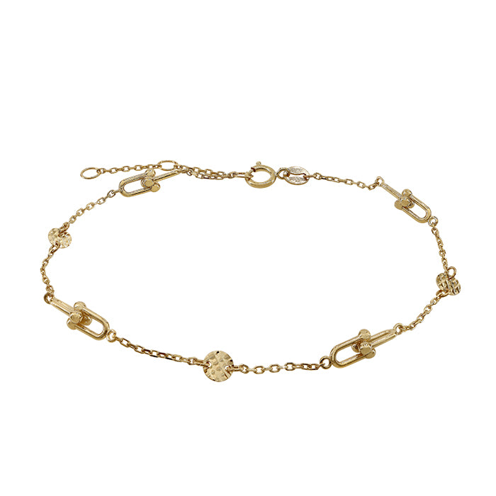 Bracelet en or 10 carats, disque plat de style martelé et maillon en U, largeur 6,5″ + 0,5″ + 0,5″ d'extension (4 mm)