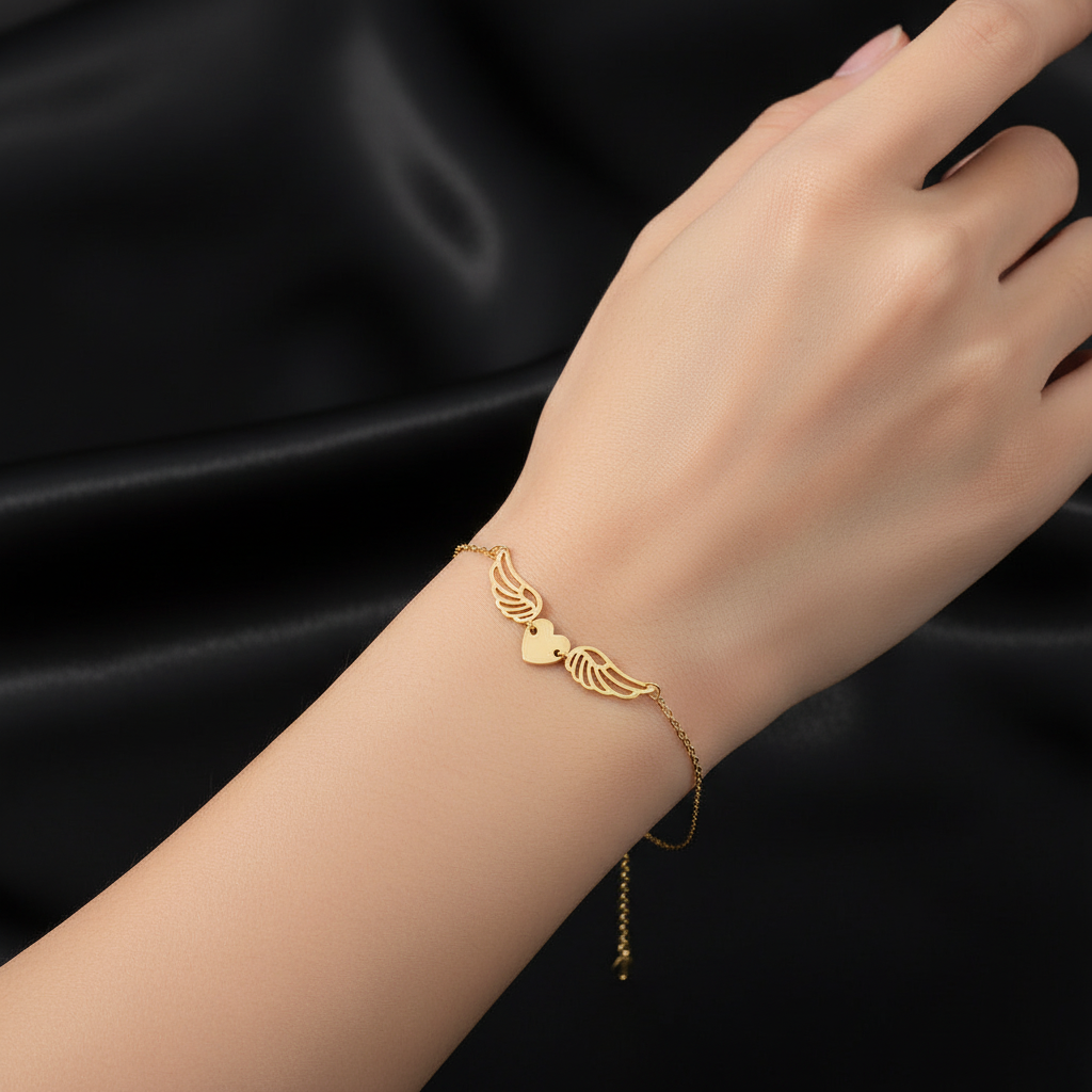 10KT Gold heart and wing bracelet, 6.5″ + 0.5″ + 0.5″ extension(1.5mm)