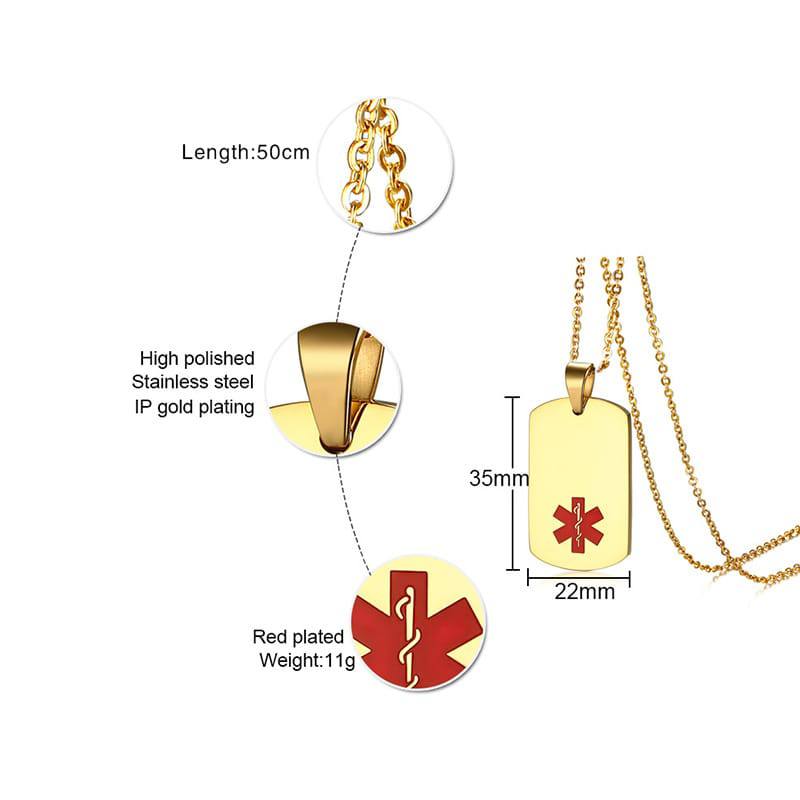 Gold Medical Alert Necklace – Stainless Steel Pendant with Red Symbol