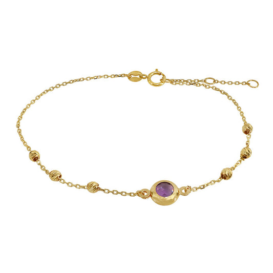 10KT Gold amethyst bracelet with 2.5mm diamond cut bead,  6.5″ + 0.5″ + 0.5″ extension(7mm)