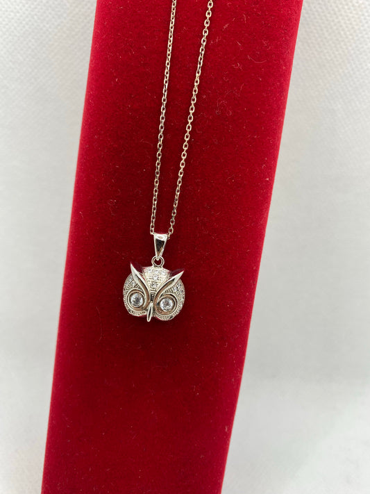 Real silver owl face necklace