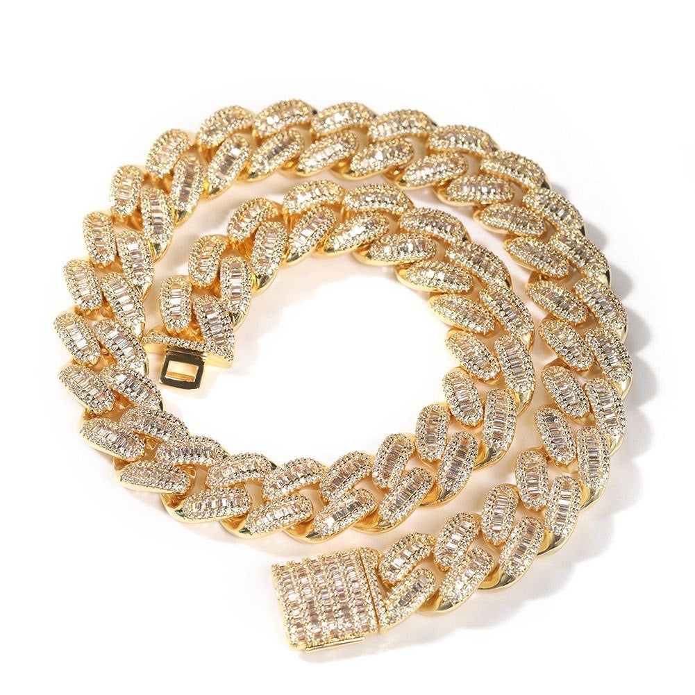 Collier ras du cou Hip Hop pour homme et femme, chaîne à maillons cubains en zircone cubique baguette de 15 mm avec finition glacée