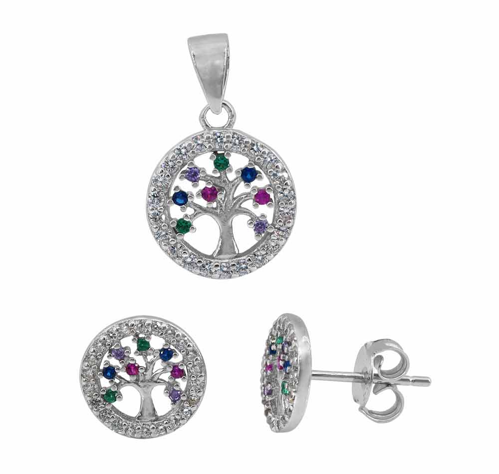 Ensemble arbre de vie multicolore en argent sterling