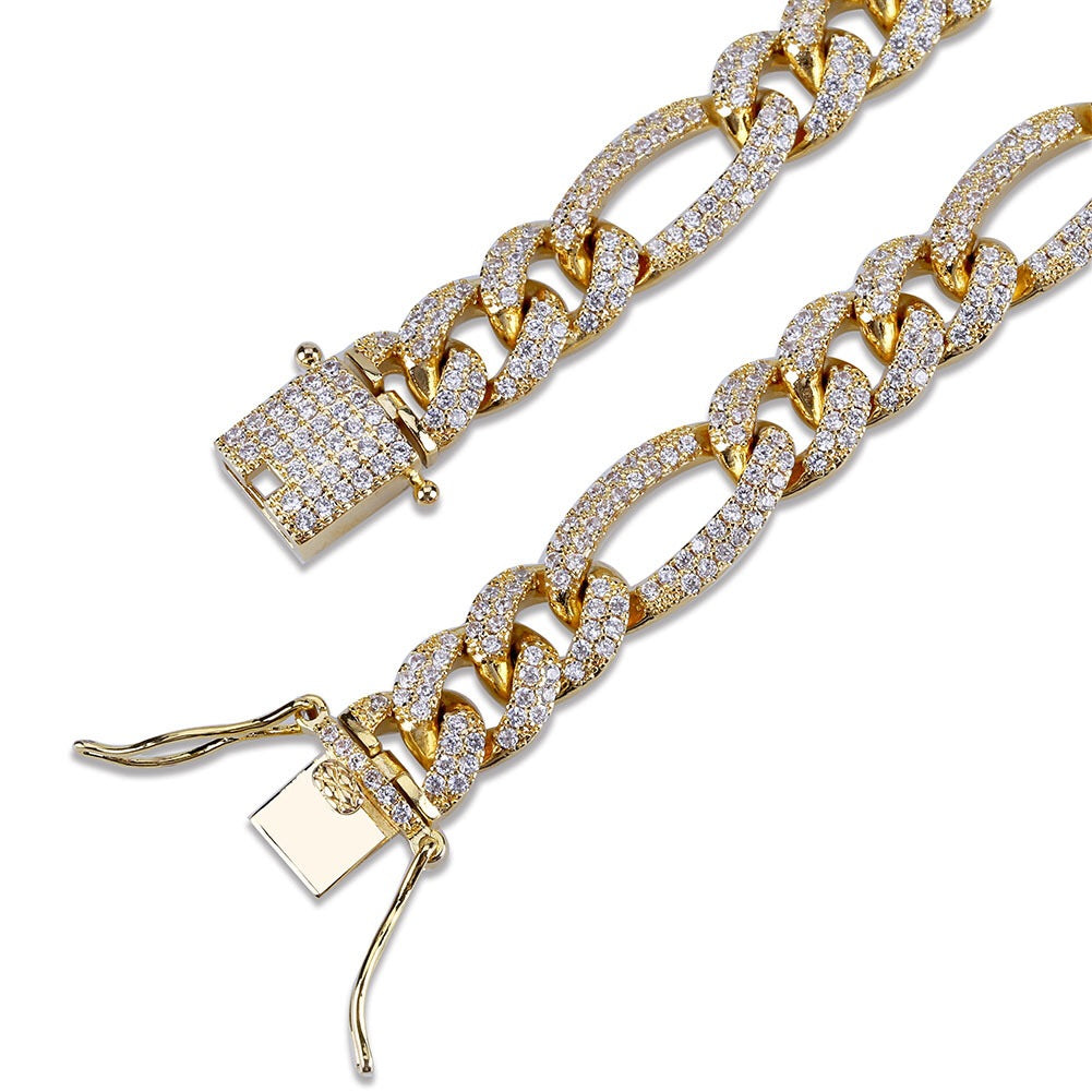 Iced out Figaro link hiphop cuban chain necklace and bracelet - 7Jewelry