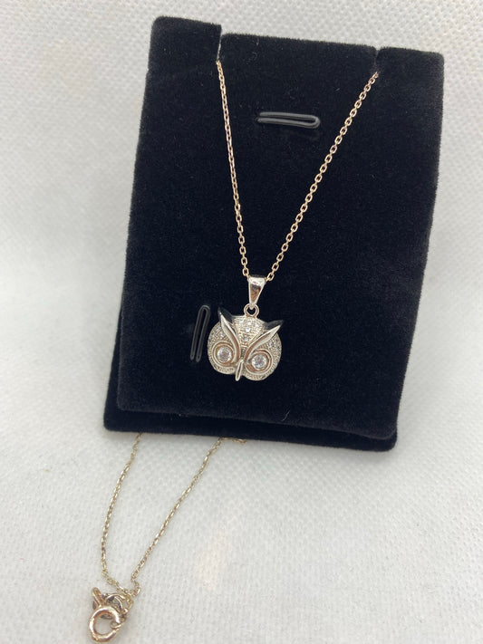 Real silver owl face necklace