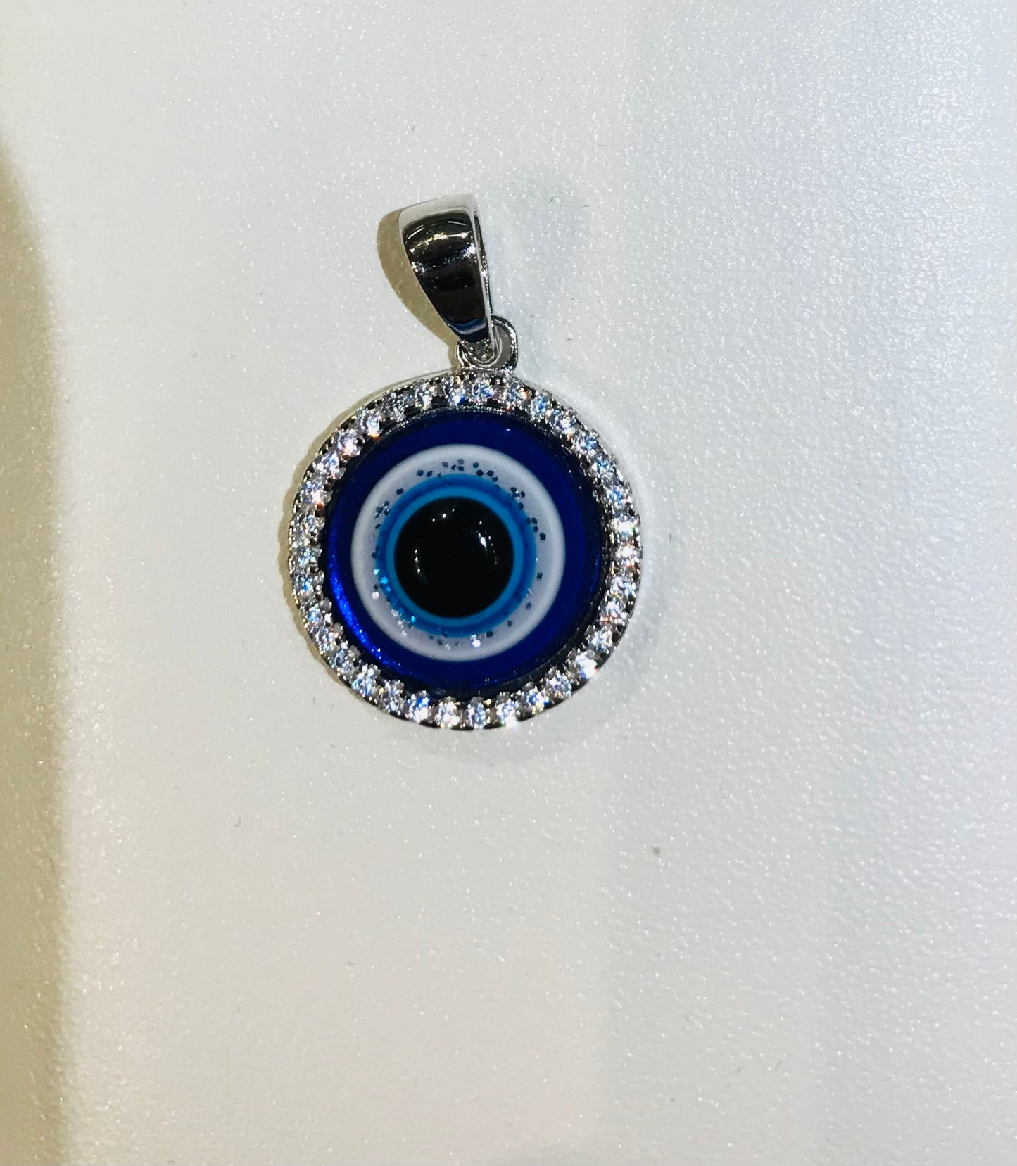 Sterling silver with rhodium, evil eye pendant