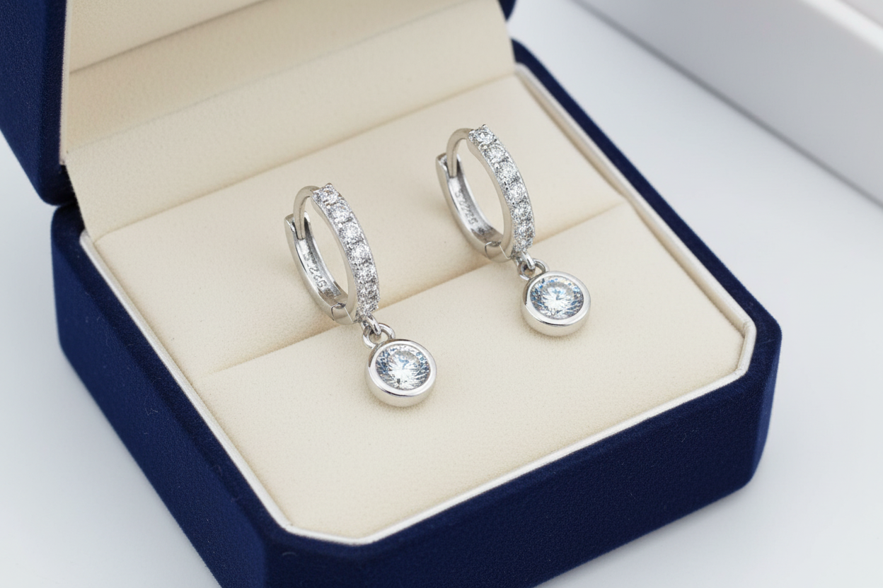 Boucles d'oreilles créoles pendantes en argent véritable et moissanite