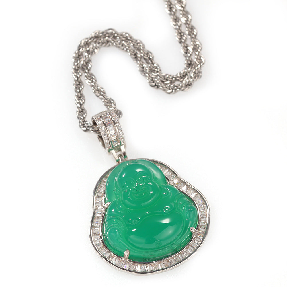 brass baguette diamond green jade buddha pendant necklace