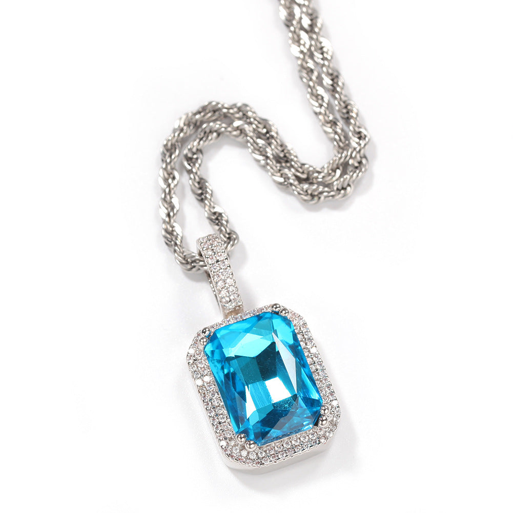 Iced Cz Cubic Zirconia Cz Pendant Pink/Blue/Green/Red Square Fluorescent Gem Pendant Necklace