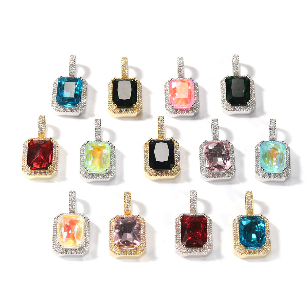 Iced Cz Cubic Zirconia Cz Pendant Pink/Blue/Green/Red Square Fluorescent Gem Pendant Necklace