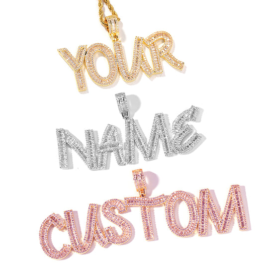Custom Name Plate Iced Out cz Baguette Diamonds Letter Necklace