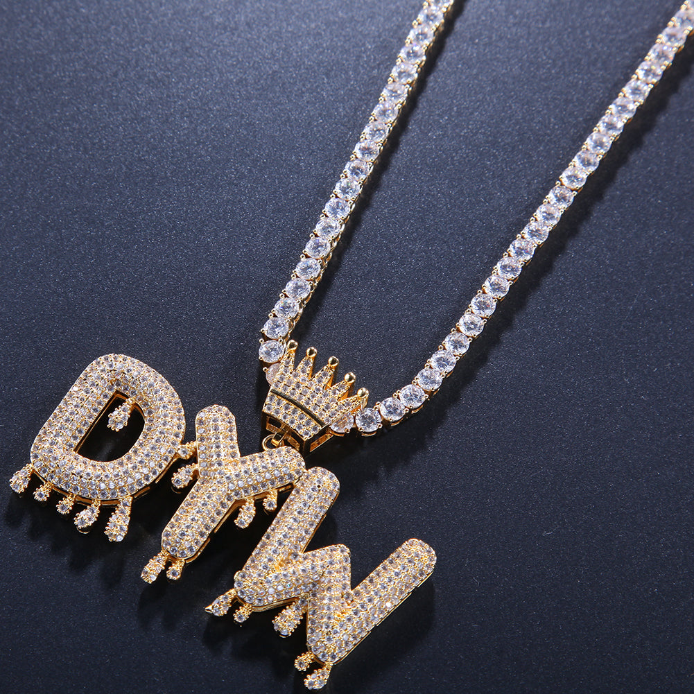 iced out water drop crown letter name plate pendant