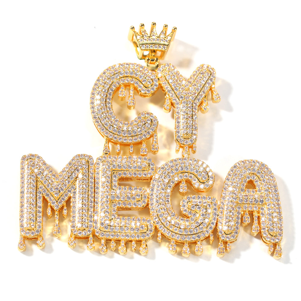 iced out water drop crown letter name plate pendant