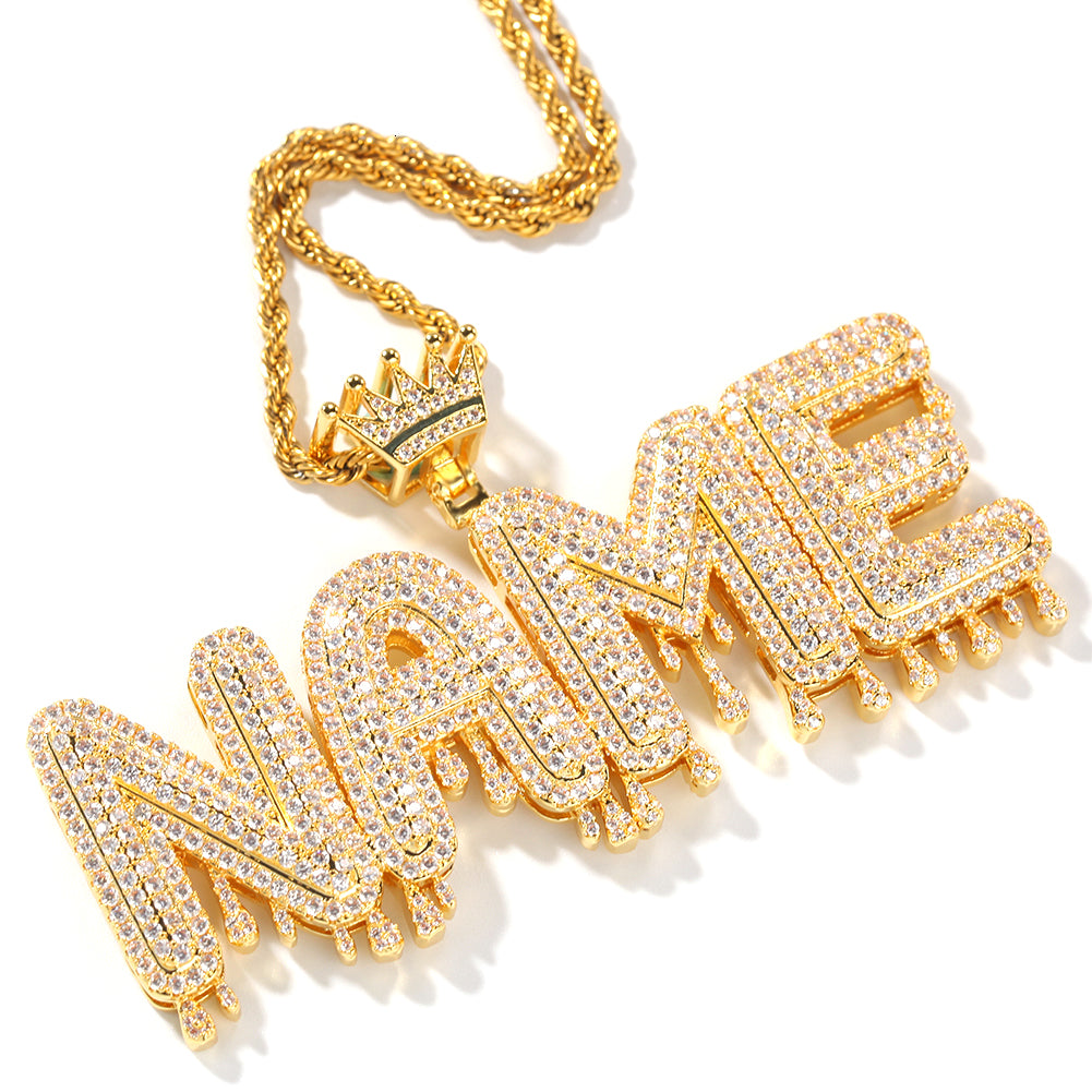 iced out water drop crown letter name plate pendant