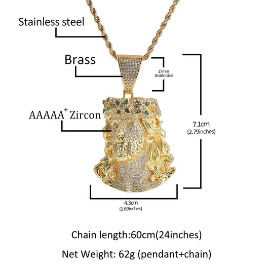 Iced Out Cz Four Leaf Crown Jesus Portrait Pendant