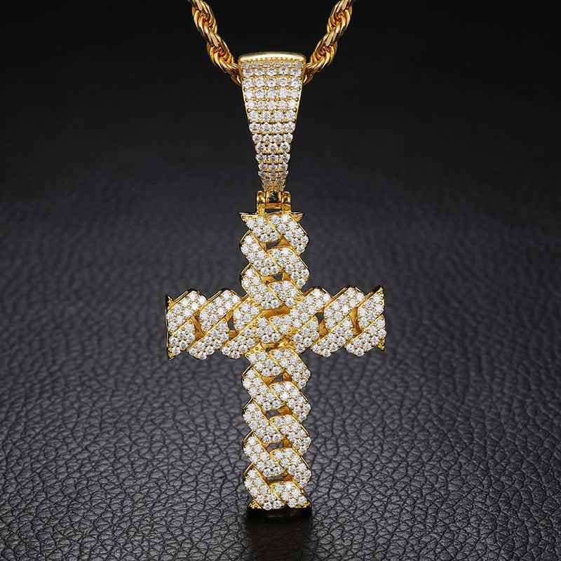 Real Silver Moissanite Cuban Link Cross Pendant