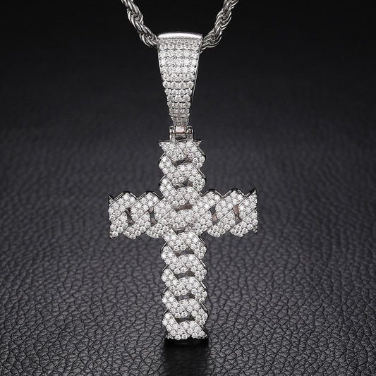 Real Silver Moissanite Cuban Link Cross Pendant