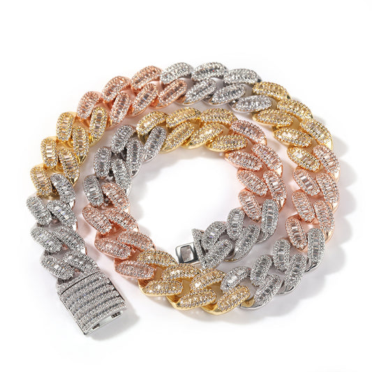 Collier ras du cou Hip Hop pour homme et femme, chaîne à maillons cubains en zircone cubique baguette de 15 mm avec finition glacée