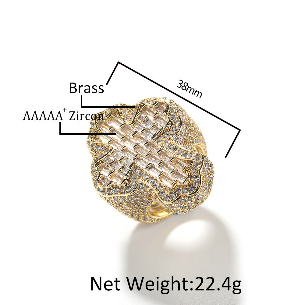 Iced Out 5A Zircon 18K Gold Plated Big Chunky Baguette Cross Finger Ring