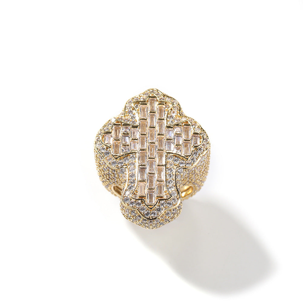 Iced Out 5A Zircon 18K Gold Plated Big Chunky Baguette Cross Finger Ring