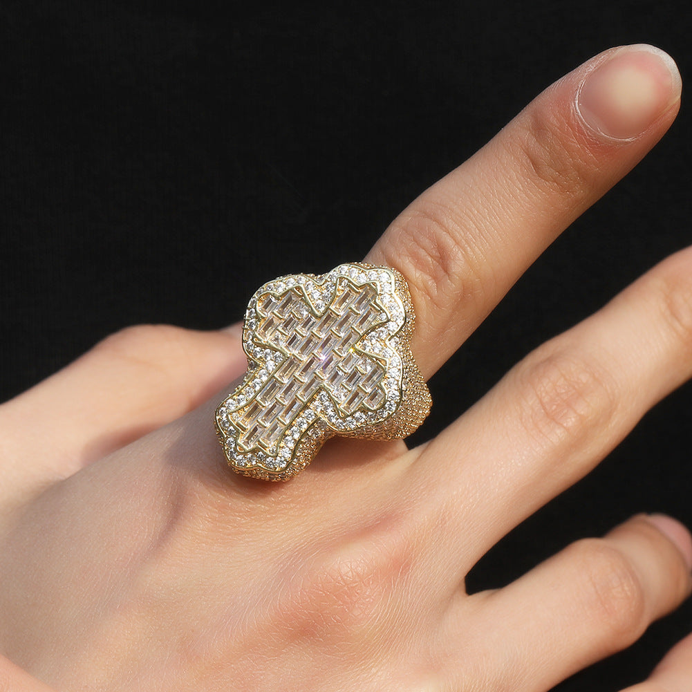 Iced Out 5A Zircon 18K Gold Plated Big Chunky Baguette Cross Finger Ring