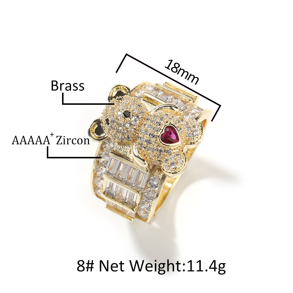 18K Gold Iced Out Cz Cute Teddy Bear Diamond Adjustable Promise Index Ring