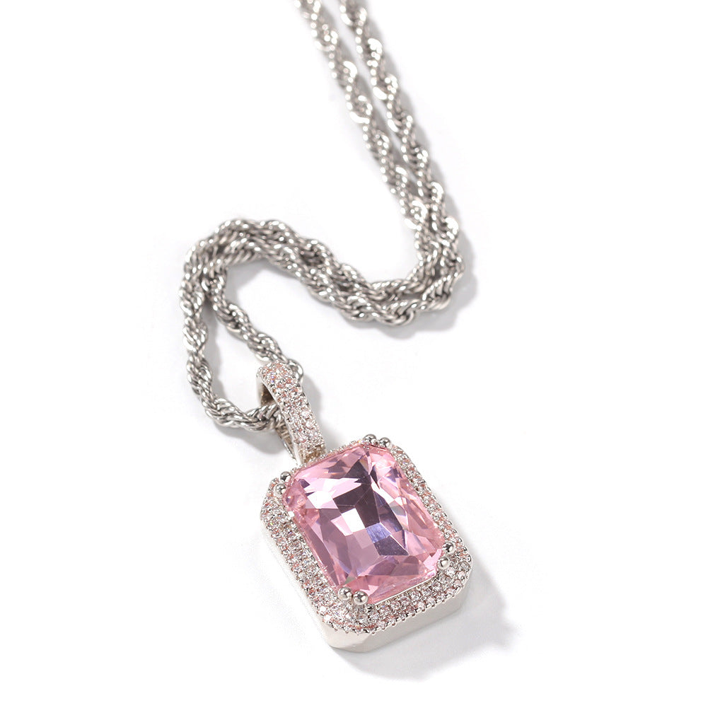 Iced Cz Cubic Zirconia Cz Pendant Pink/Blue/Green/Red Square Fluorescent Gem Pendant Necklace