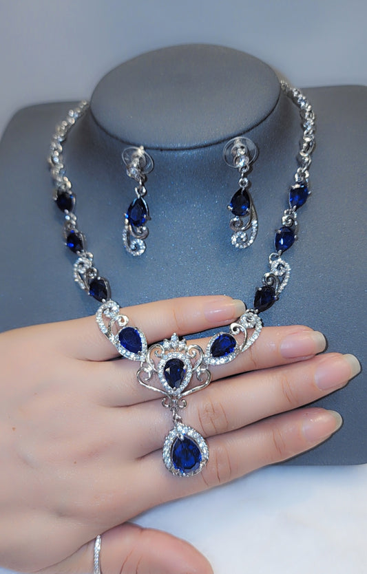 White gold plated dark blue CZ Stone set