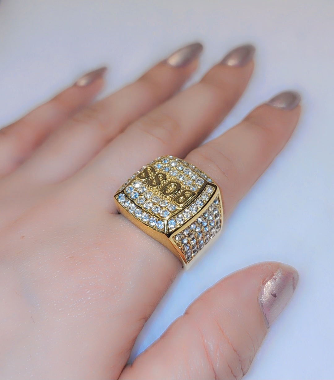 Iced out gold plated Boss ring