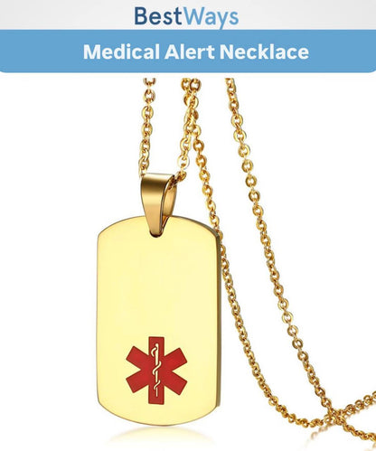 Gold Medical Alert Necklace – Stainless Steel Pendant with Red Symbol