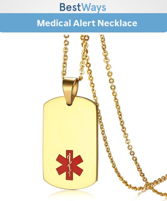 Gold Medical Alert Necklace – Stainless Steel Pendant with Red Symbol