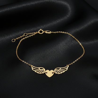 10KT Gold heart and wing bracelet,  6.5″ + 0.5″ + 0.5″ extension(1.5mm)