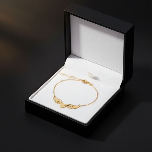 10KT Gold heart and wing bracelet,  6.5″ + 0.5″ + 0.5″ extension(1.5mm)